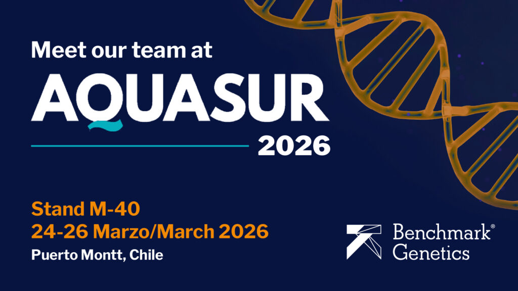 Image in Benchmark Gentics profile blue and orange with DNA helix and Benchmark Genetics logo and the text: "Meet our team at AquaSur 2026 (official logo) Stand M40 24-26 Marzo/March 2026 Puerto Montt, Chile"